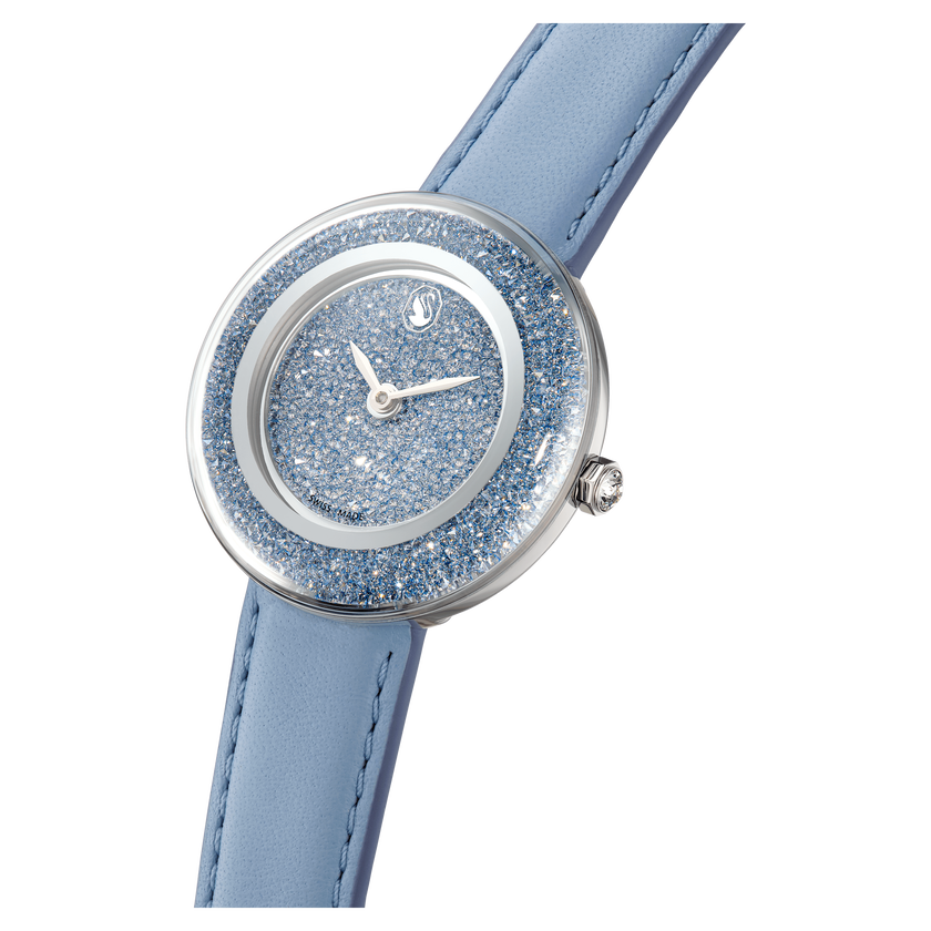 swarovski crystalline lustre watch  swiss made  leather strap  blue  stainless steel