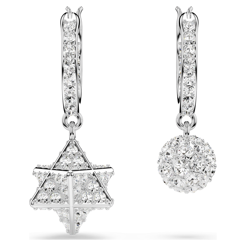 swarovski dextera drop earrings  asymmetrical design  round cut  star and sphere  white  rhodium plated