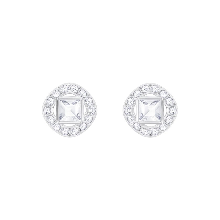Angelic Square Pierced Earrings, White, Rhodium Plated
