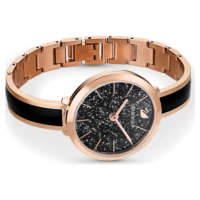 swarovski crystalline delight watch  swiss made  metal bracelet  black  rose gold tone finish