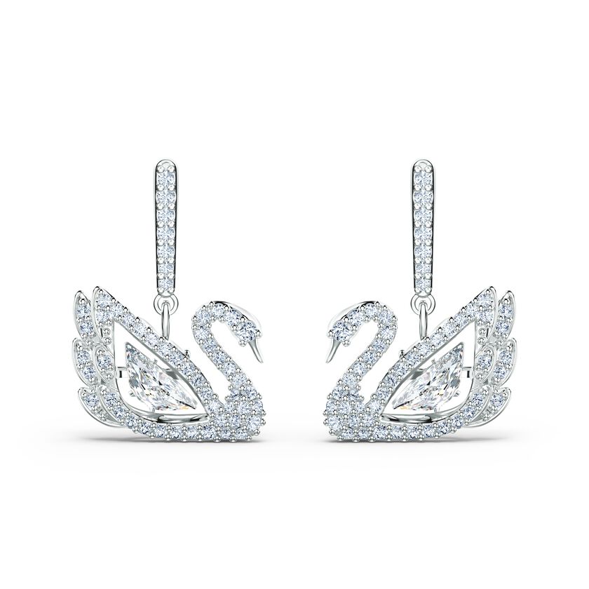 Dancing Swan Pierced Earrings, White, Rhodium plated