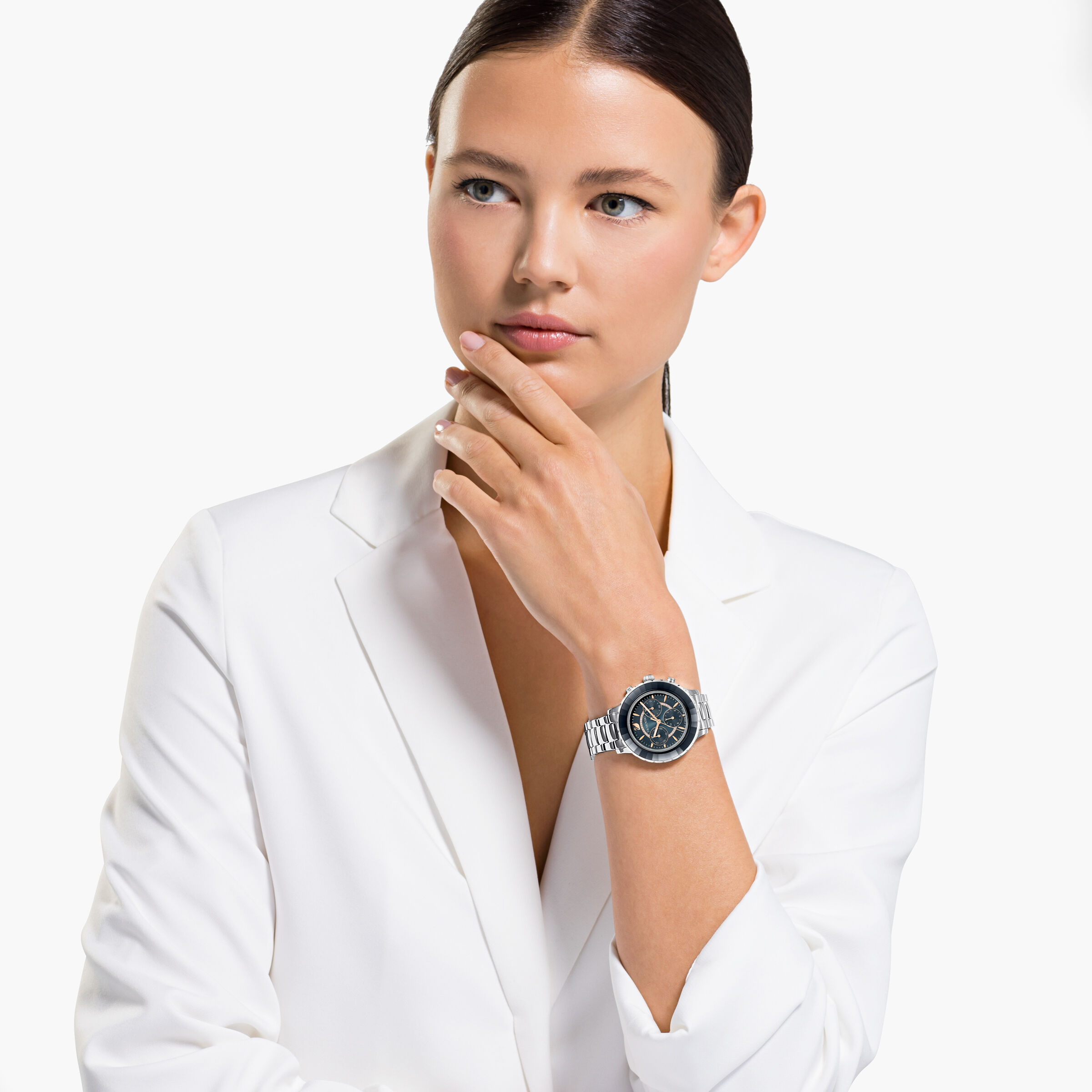 swarovski octea lux chrono watch  metal bracelet  black  silver tone