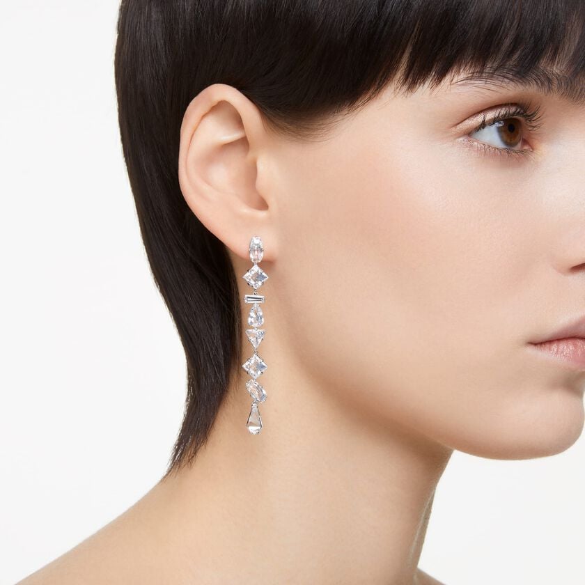 swarovski mesmera drop earrings  mixed cuts  long  white  rhodium plated