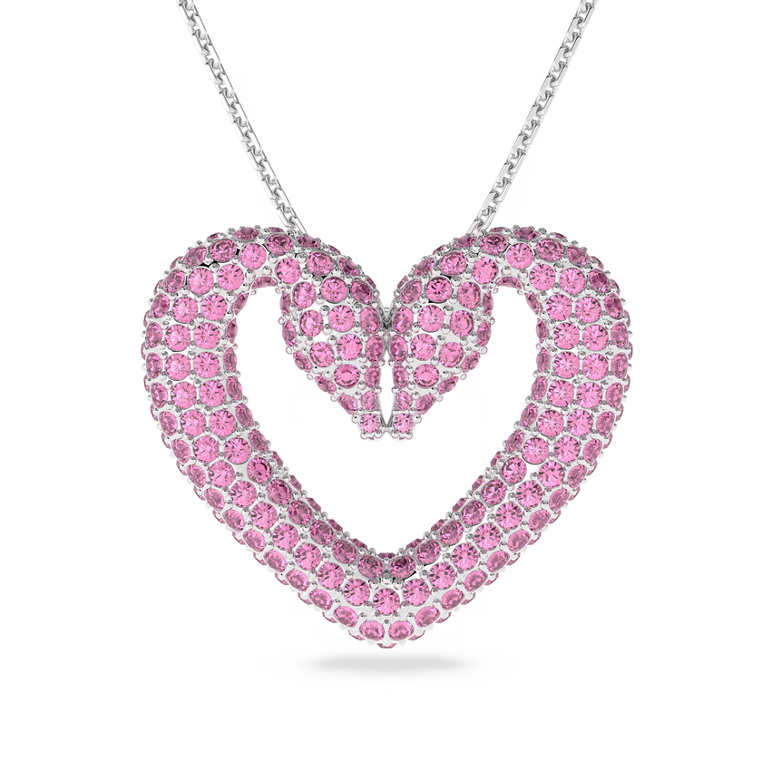 Una pendant, Heart, Medium, Pink, Rhodium plated