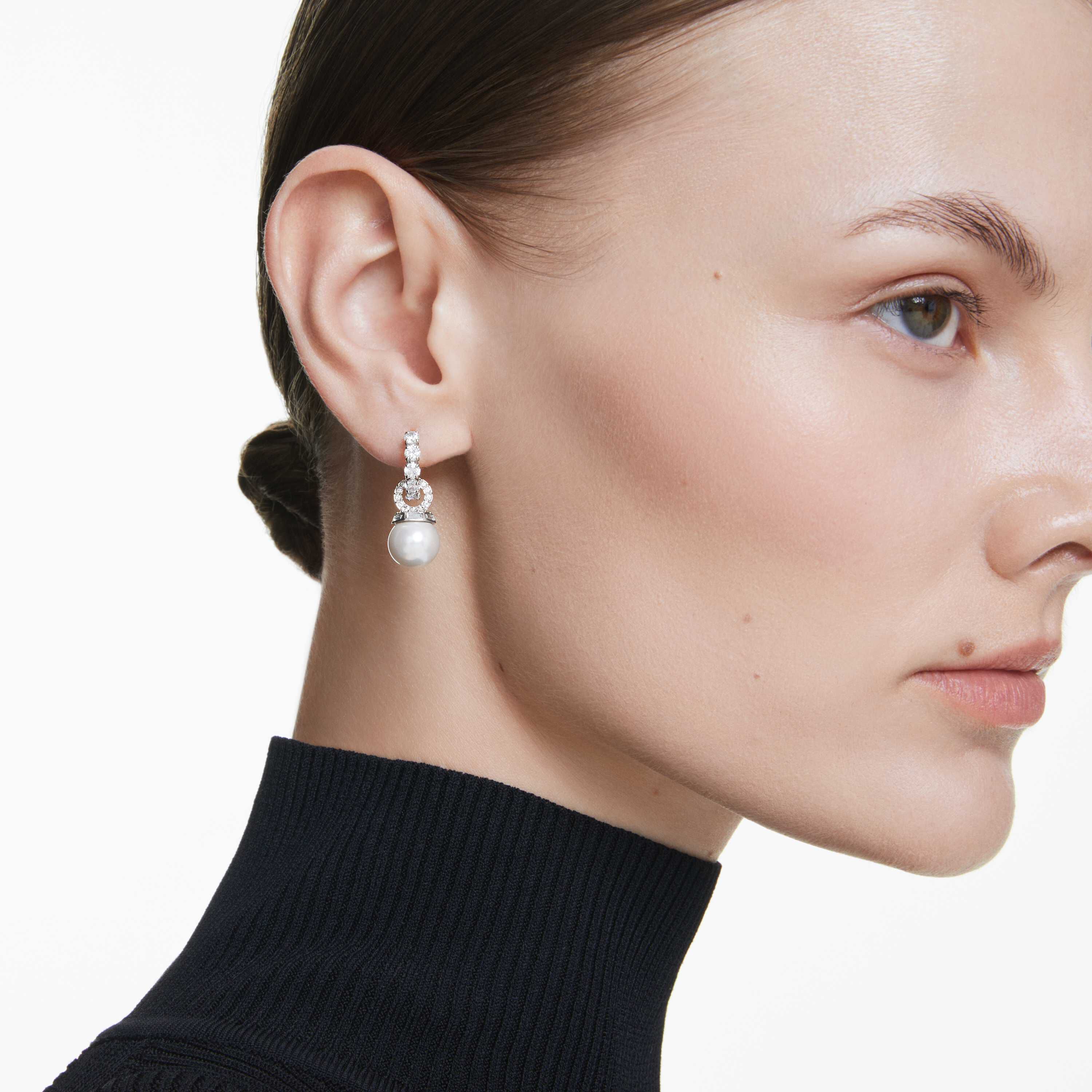 swarovski matrix drop earrings  crystal pearl  round cut  white  rhodium plated