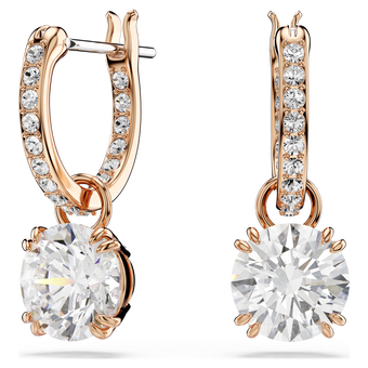 swarovski stilla drop earrings  round cut  white  18k rose gold finish