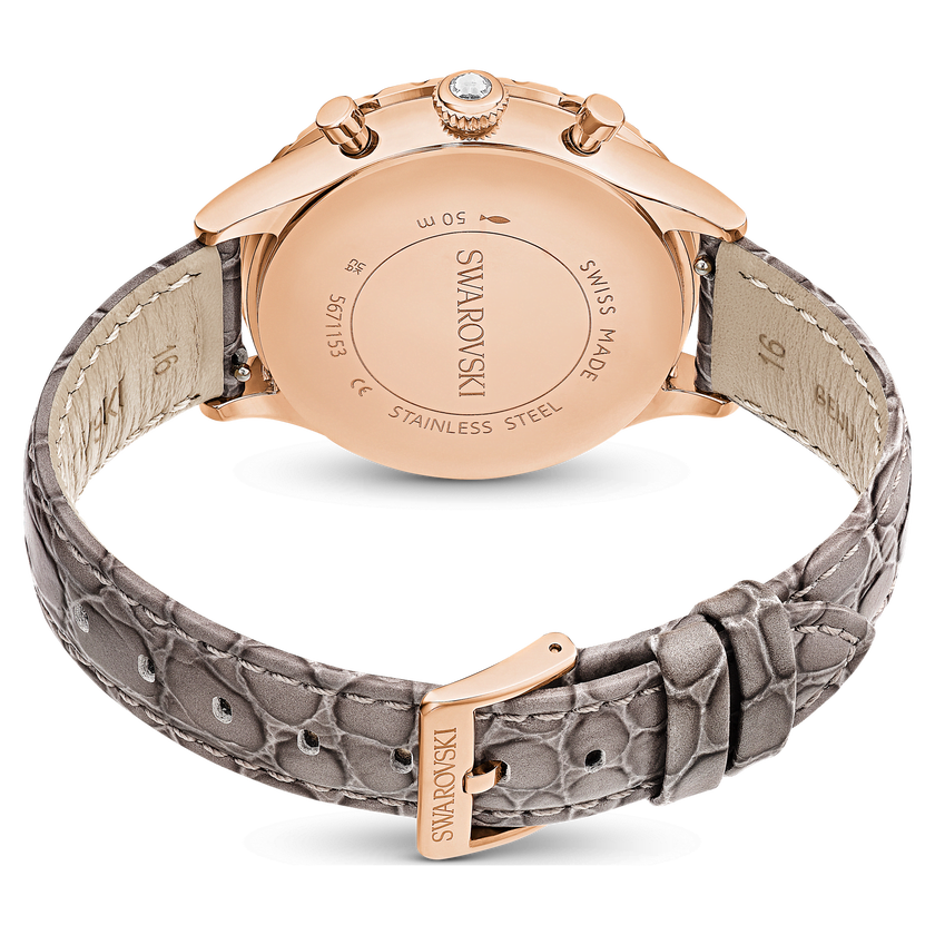 swarovski octea chrono watch  swiss made  leather strap  gray  rose gold tone finish
