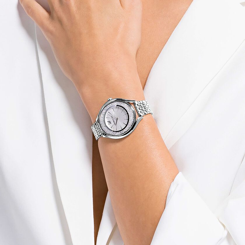 swarovski crystalline aura watch  swiss made  metal bracelet  silver tone  stainless steel