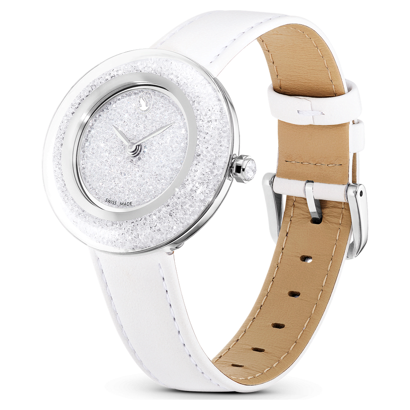 swarovski crystalline lustre watch  swiss made  leather strap  white  stainless steel