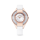 Crystalline Sporty Watch, Leather strap, White, Rose-gold tone PVD