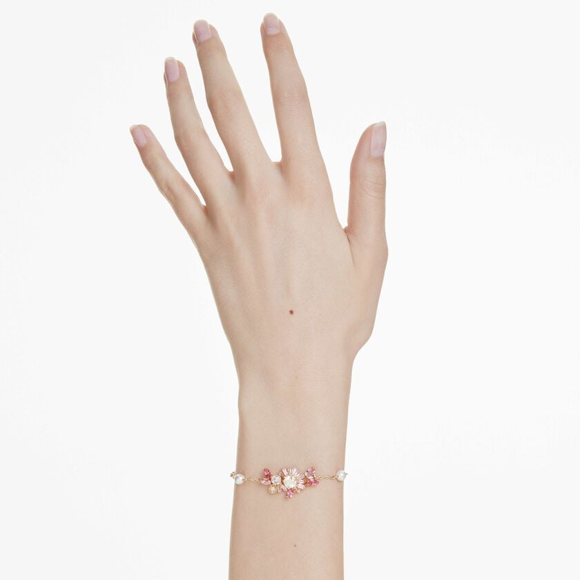 swarovski gema bracelet  mixed cuts  flower  pink  gold tone plated