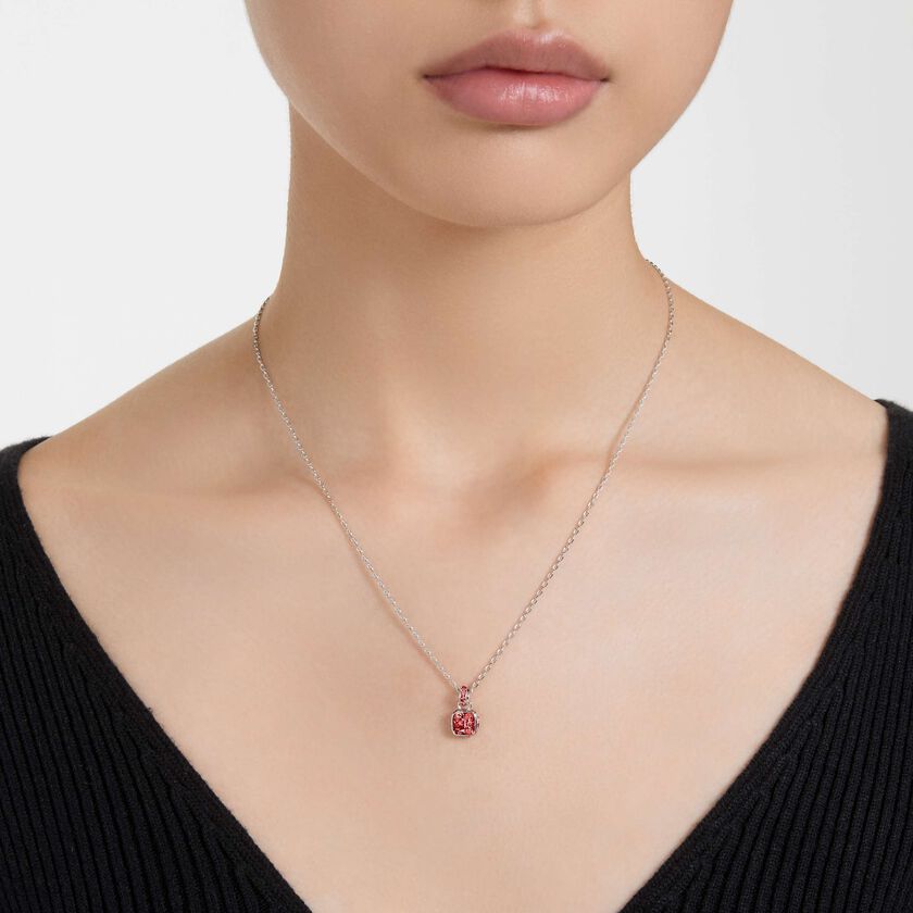 swarovski birthstone pendant  square cut  july  red  rhodium plated