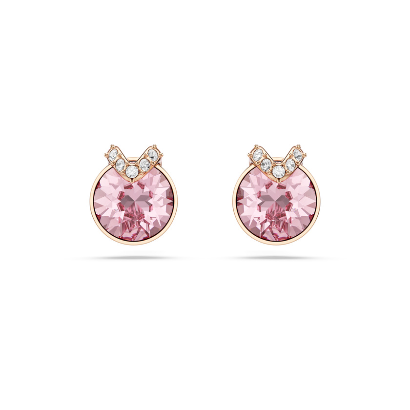 swarovski bella v stud earrings  round cut  pav   pink  18k rose gold finish