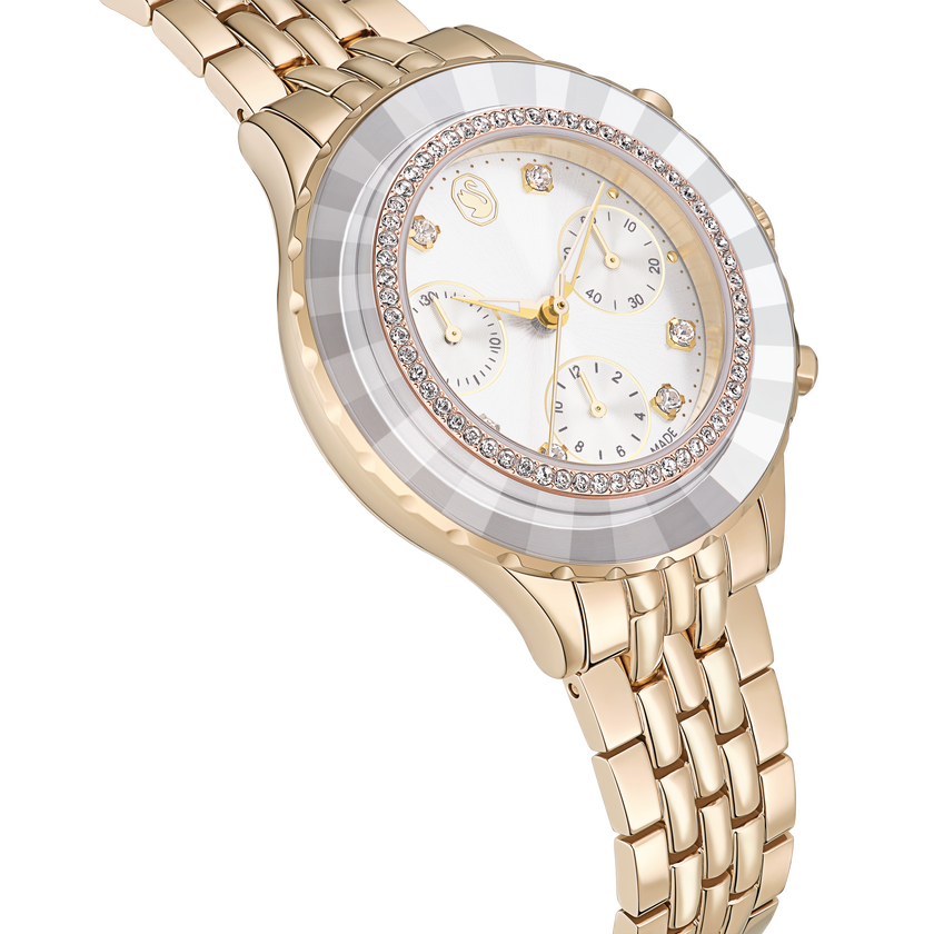 swarovski octea chrono watch  swiss made  metal bracelet  gold tone  champagne gold tone finish