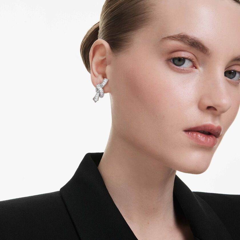 swarovski matrix earrings  baguette cut  knot  white  rhodium plated