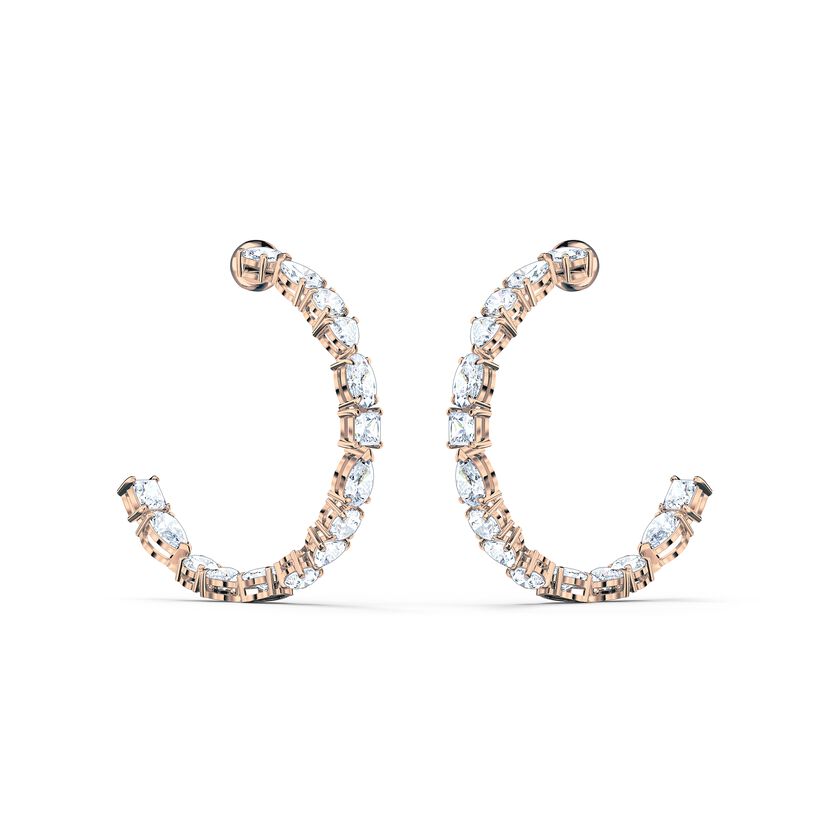 Tennis Deluxe Mixed Hoop Pierced Earrings, White, Rose-gold tone plated