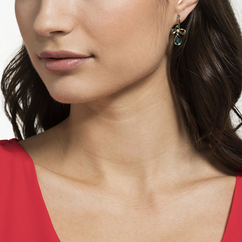 Black Baroque Hoop Pierced Earrings, Green, Gold-tone plated