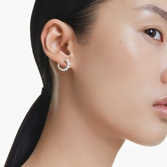 swarovski matrix hoop earrings  crystal pearl  round cut  white  rhodium plated