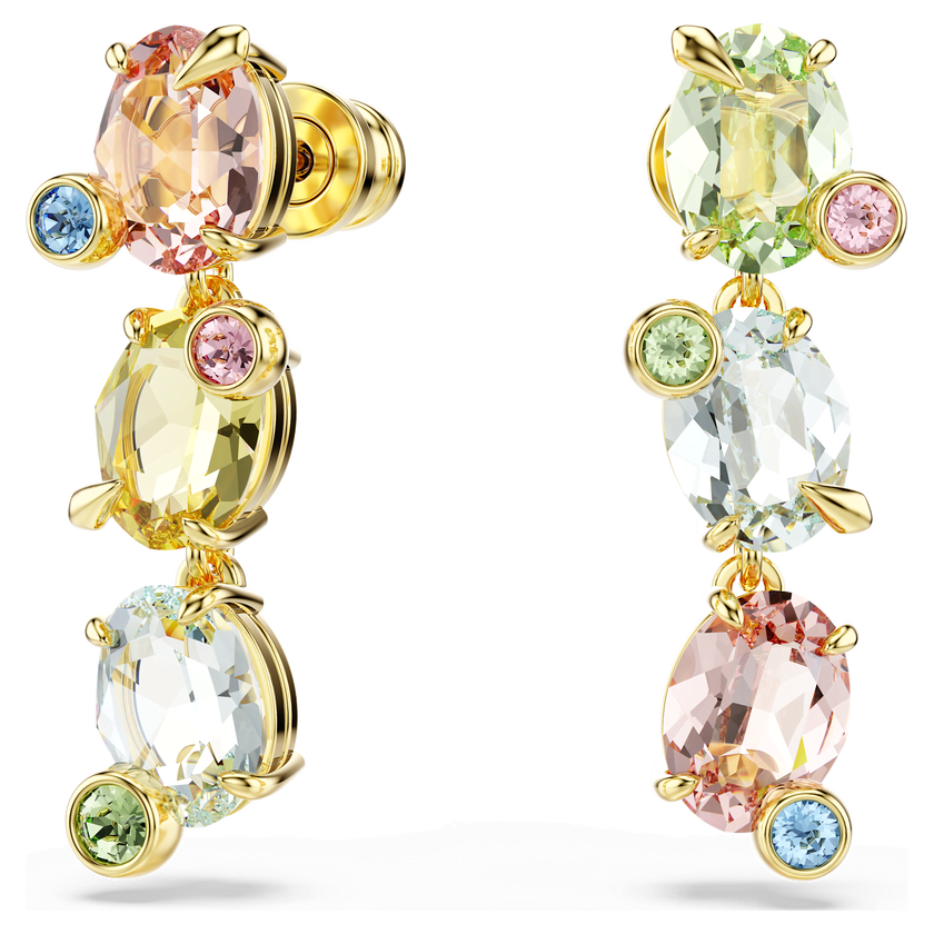 swarovski gema drop earrings  asymmetrical design  mixed cuts  multicolored  gold tone plated