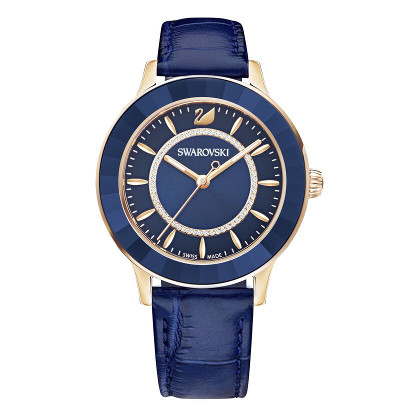 Octea Lux Watch, Leather Strap, Blue, Rose Gold Tone