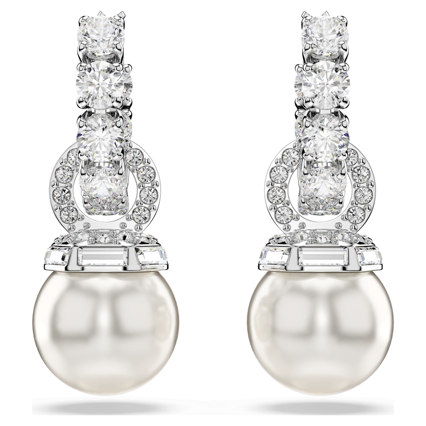swarovski matrix drop earrings  crystal pearl  round cut  white  rhodium plated