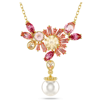 Gema pendant, Mixed cuts, Crystal pearl, Flower, Pink, Gold-tone plated swarovski gema pendant  mixed cuts  crystal pearl  flower  pink  gold tone plated
