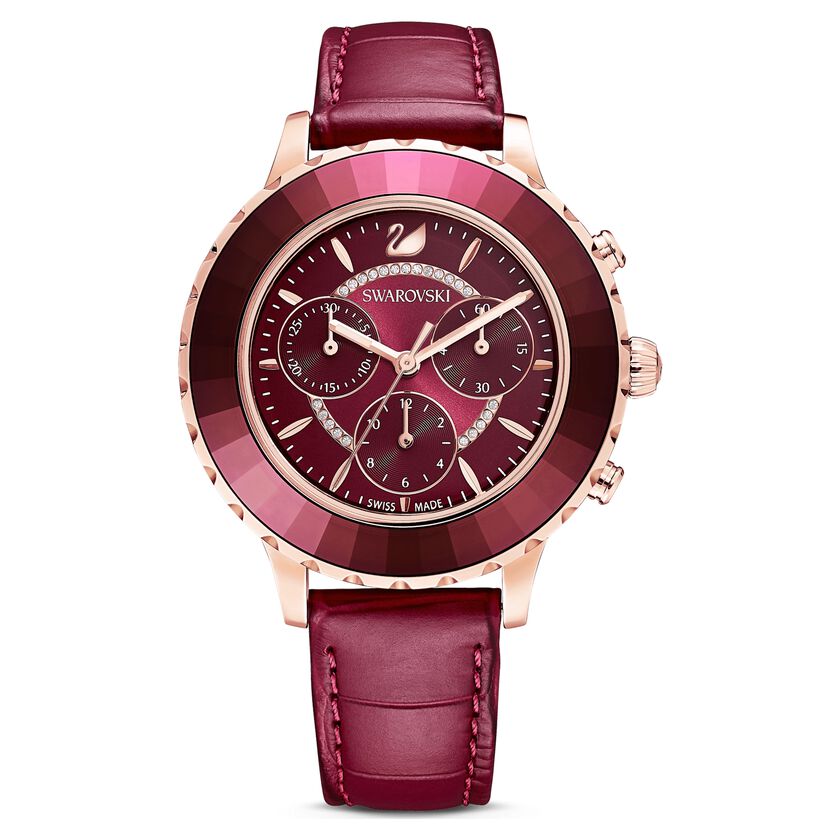Octea Lux Chrono Watch, Leather strap, Red, Rose-gold tone PVD