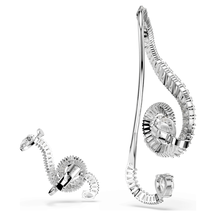 ariana grande x swarovski clip earrings  asymmetrical design  crystal pearl  baguette cut  white  rhodium plated