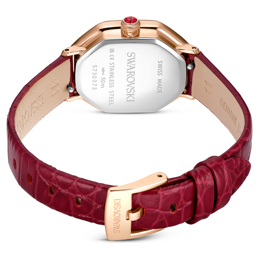 swarovski dextera octagon watch  swiss made  leather strap  red  rose gold tone finish