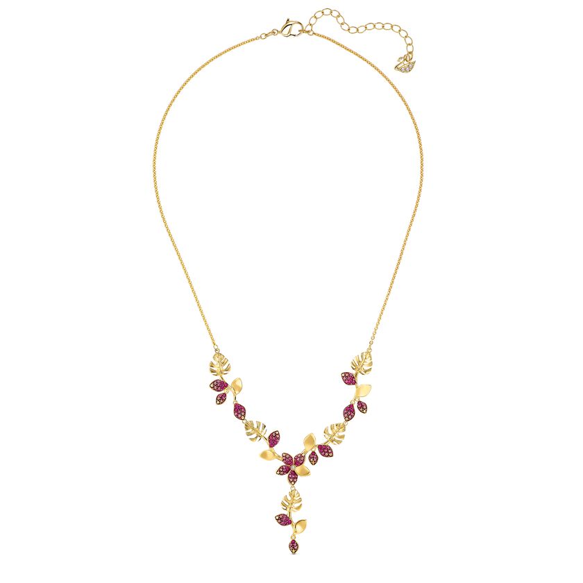 Tropical Flower Y Necklace, Pink, Gold-tone plated