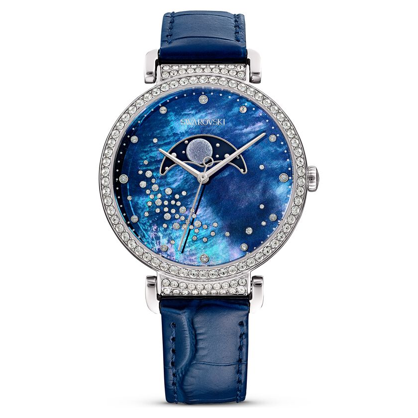 Passage Moon Phase watch, Leather strap, Blue, Stainless steel