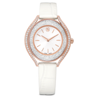 swarovski crystalline aura watch  swiss made  leather strap  white  rose gold tone finish