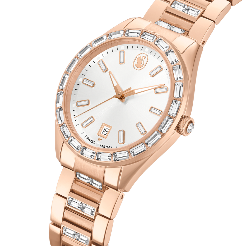 swarovski matrix date watch  swiss made  metal bracelet  rose gold tone  rose gold tone finish