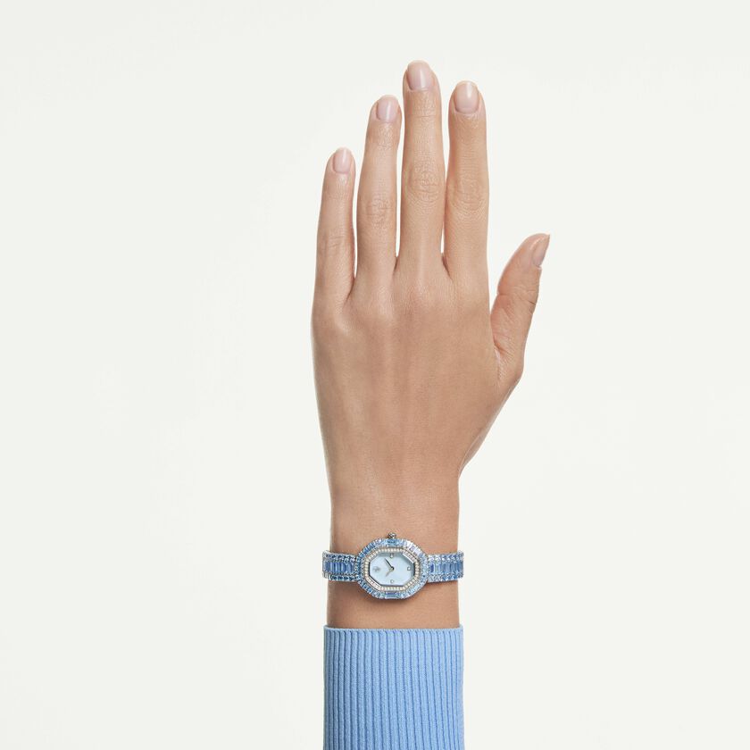 swarovski matrix octagon watch  baguette cut  metal bracelet  blue  stainless steel
