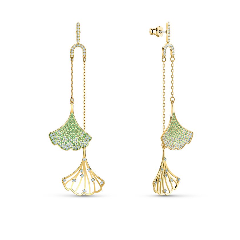 Stunning Ginko Mobile Pierced Earrings, Green, Gold-tone plated