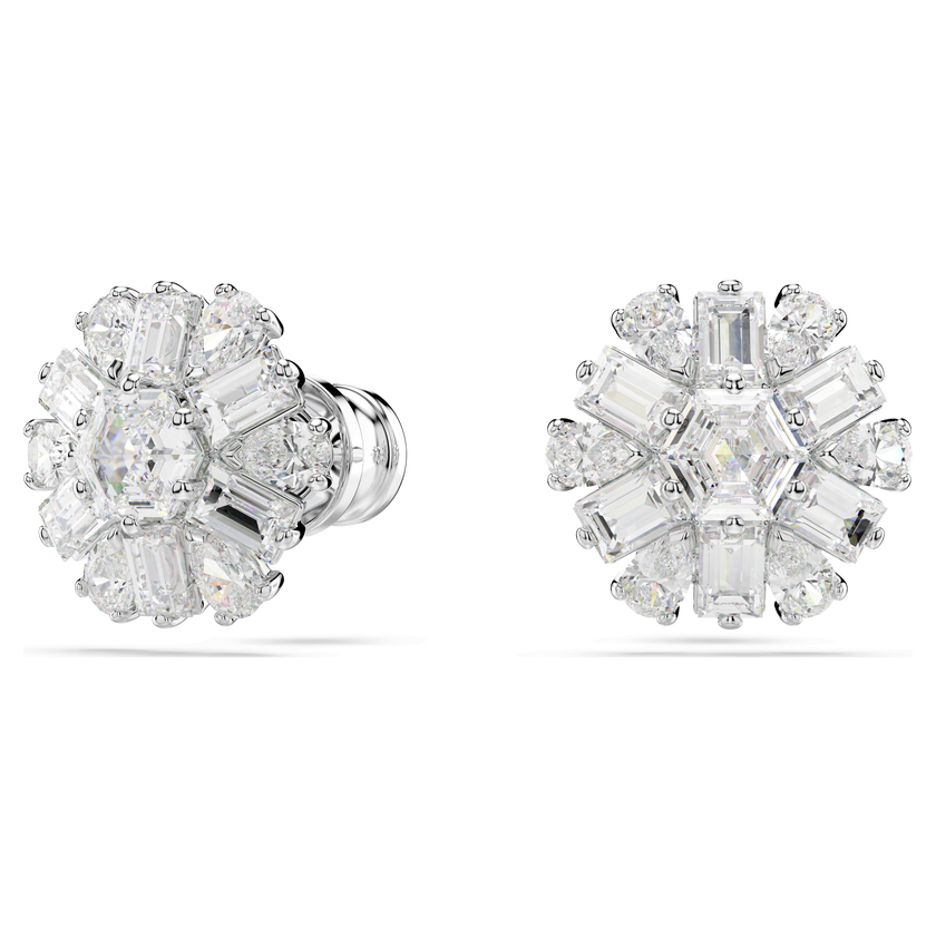 swarovski idyllia stud earrings  mixed cuts  snowflake  white  rhodium plated