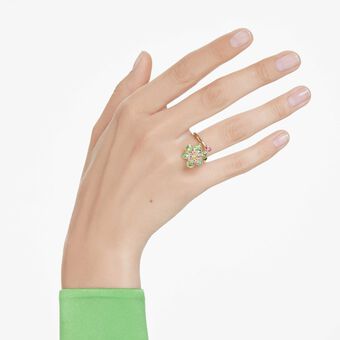 swarovski idyllia open ring  mixed cuts  flower  green  gold tone plated