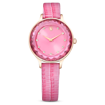 swarovski octea nova watch  swiss made  leather strap  pink  rose gold tone finish