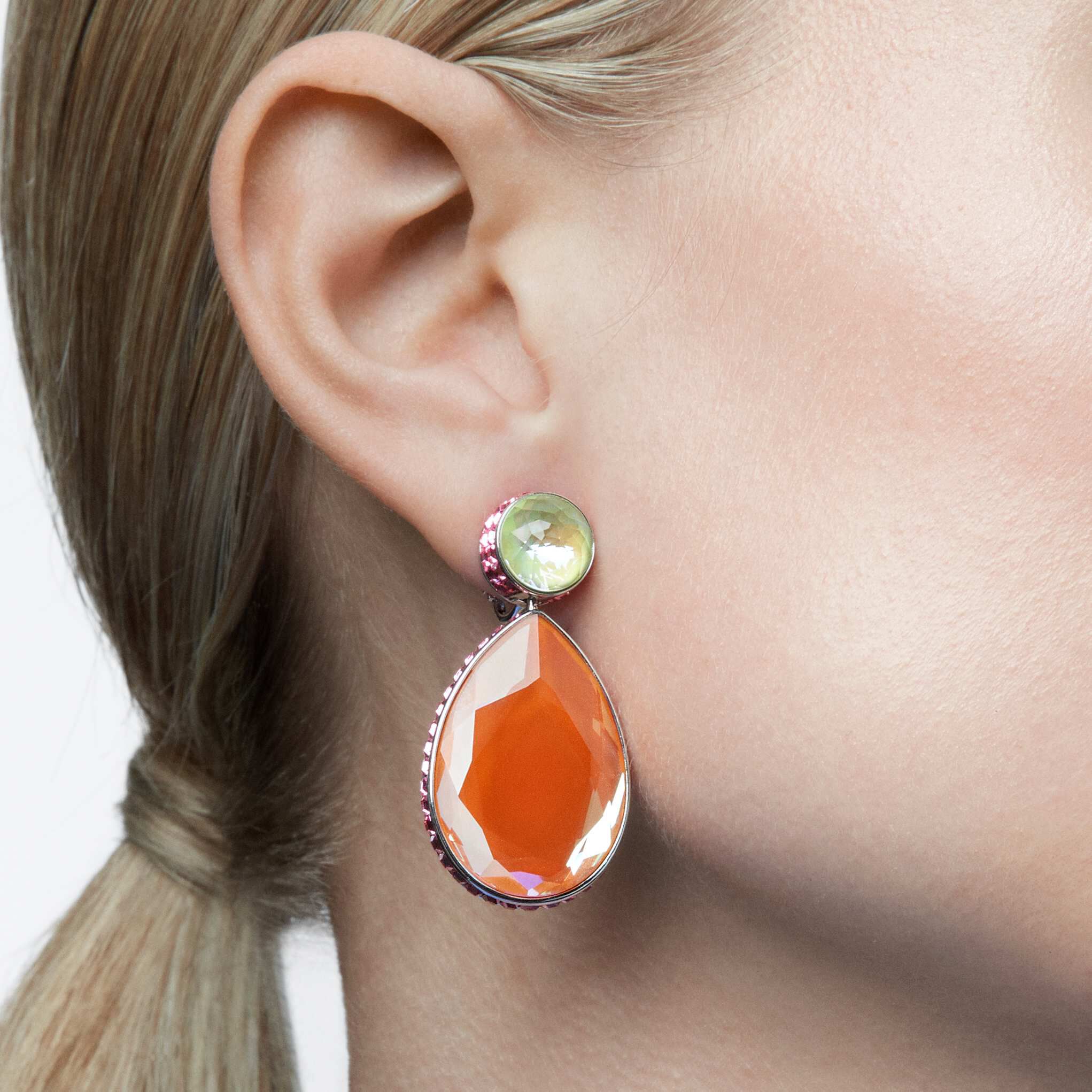 swarovski orbita clip earrings  drop cut crystals  multicolored  rhodium plated
