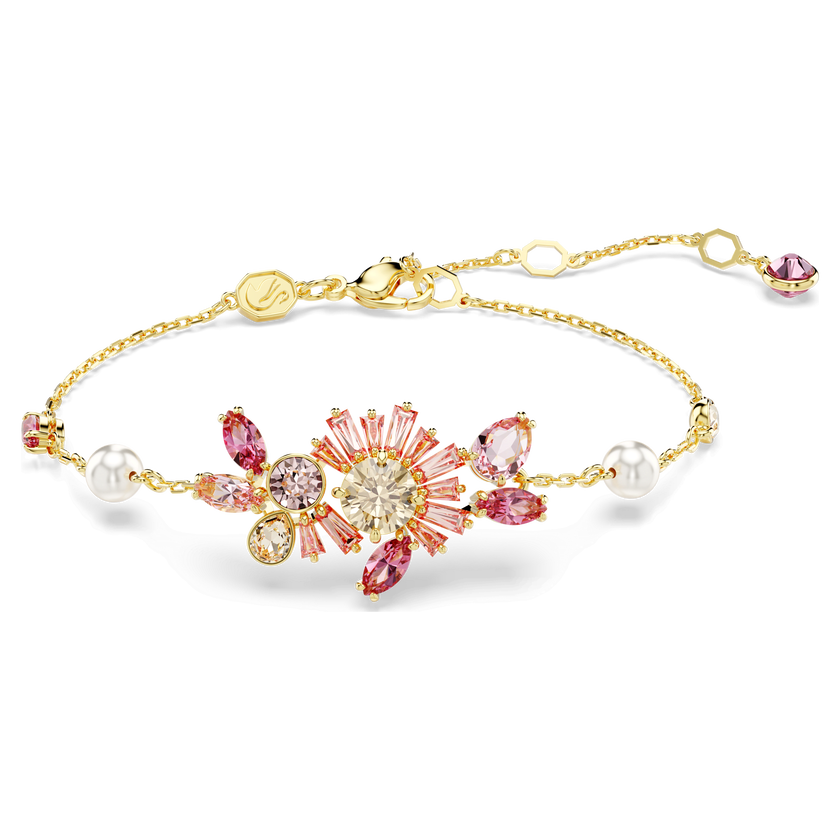 swarovski gema bracelet  mixed cuts  flower  pink  gold tone plated