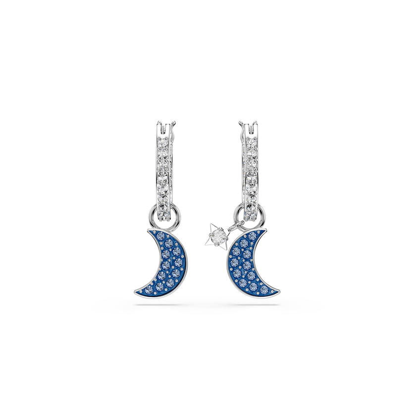 swarovski symbolica drop earrings  round cut  moon  blue  rhodium plated