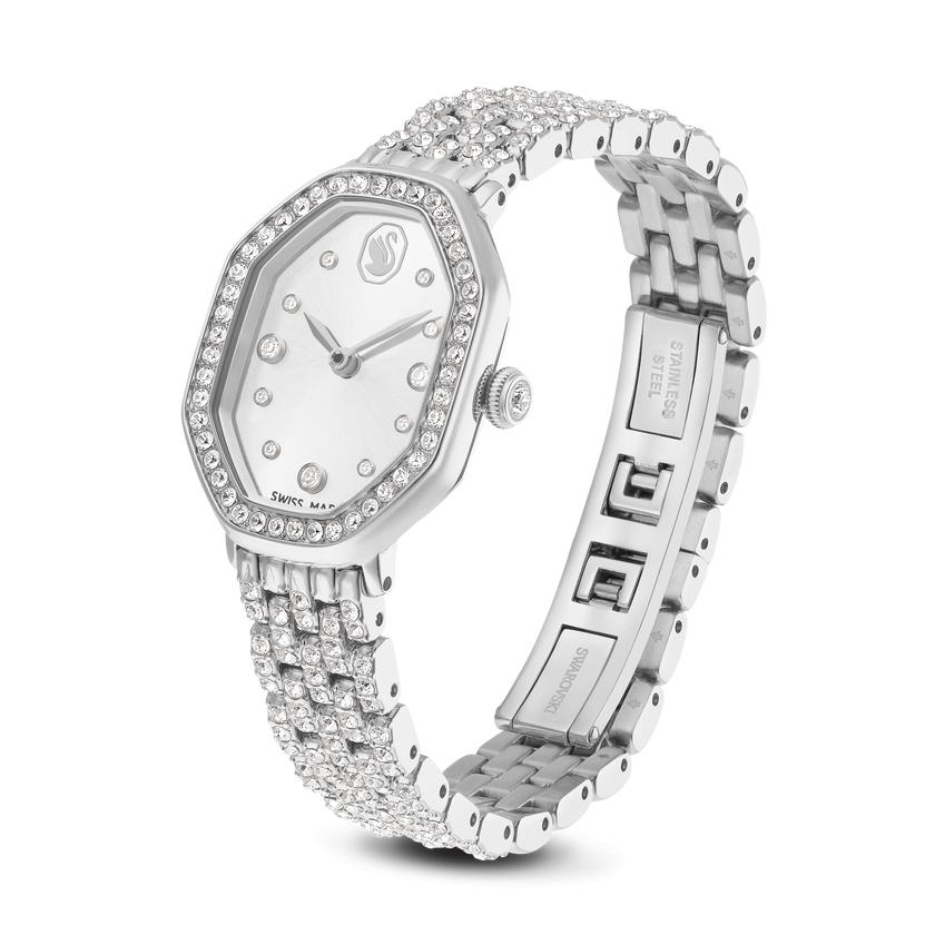 swarovski dextera octagon watch  swiss made  metal bracelet  silver tone  stainless steel