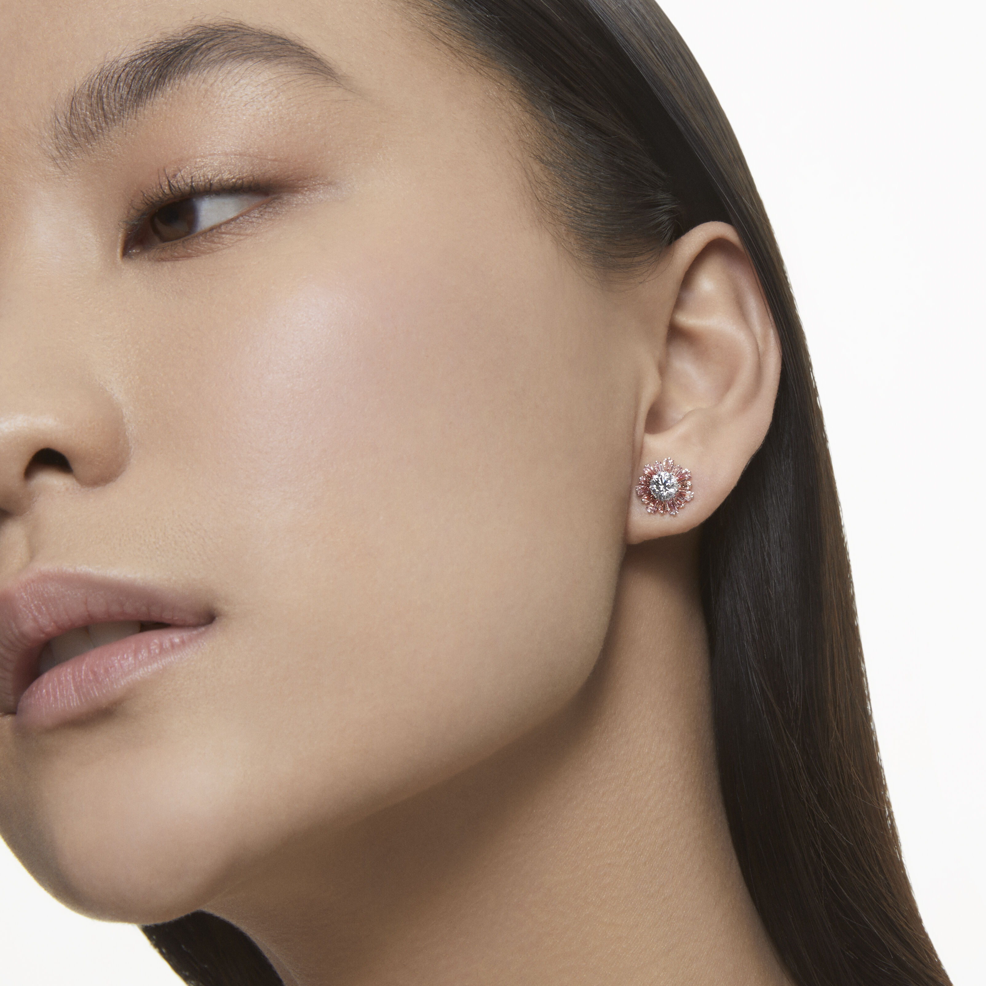 swarovski sunshine stud earrings  mixed cuts  sun  pink  rhodium plated