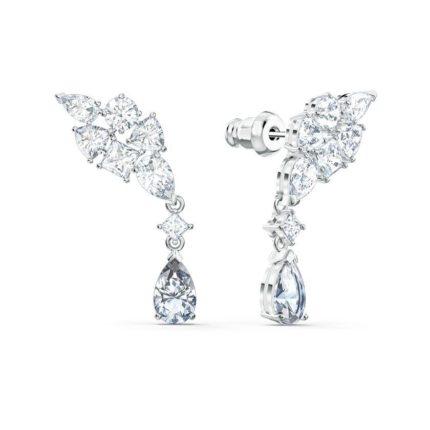 Tennis Deluxe Cluster Mixed Pierced Earrings, White, Rhodium plated