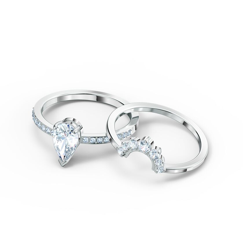 Attract  Pear Ring Set, White, Rhodium plated