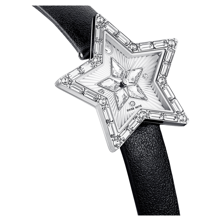 swarovski symbolica star watch  swiss made  star  leather strap  white  stainless steel