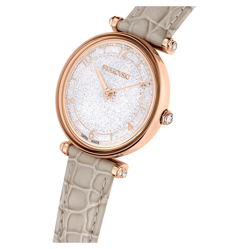 swarovski crystalline wonder watch  swiss made  leather strap  beige  rose gold tone finish