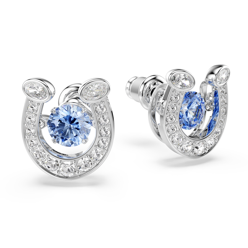 swarovski symbolica stud earrings  round cut  pav   horse shoe  blue  rhodium plated