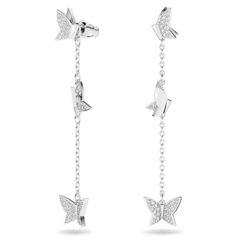 Lilia drop earrings, Butterfly, Long, White, Rhodium plated