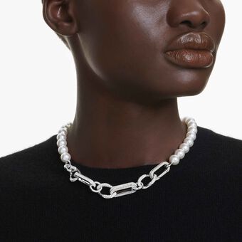 swarovski dextera necklace  crystal pearl  mixed links  white  rhodium plated